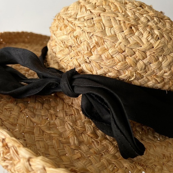Straw 100% Rafia Straw Summer Woven Hat Black Bow Accent - Picture 8 of 8
